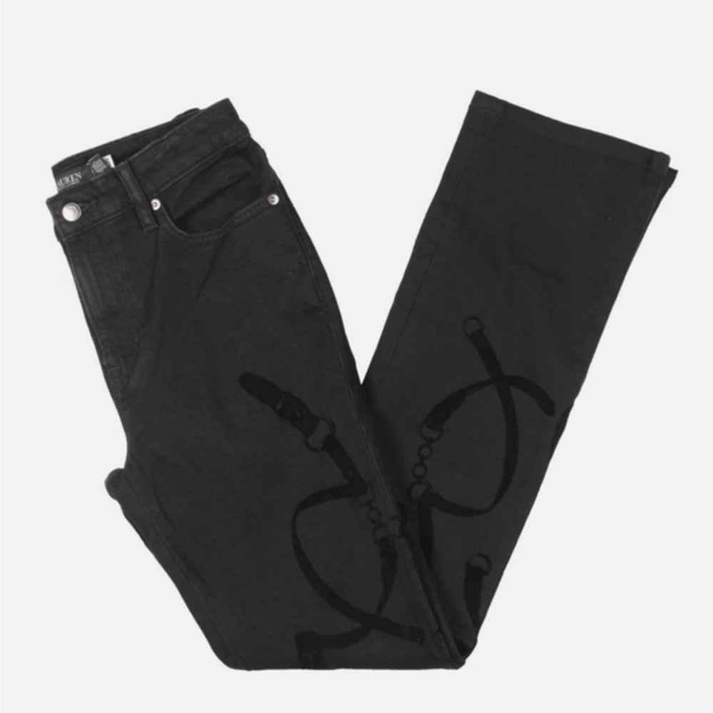 Ralph Lauren Black Velvet Flocked Strap Design High Waist Boot Cut Jeans 8 NWT